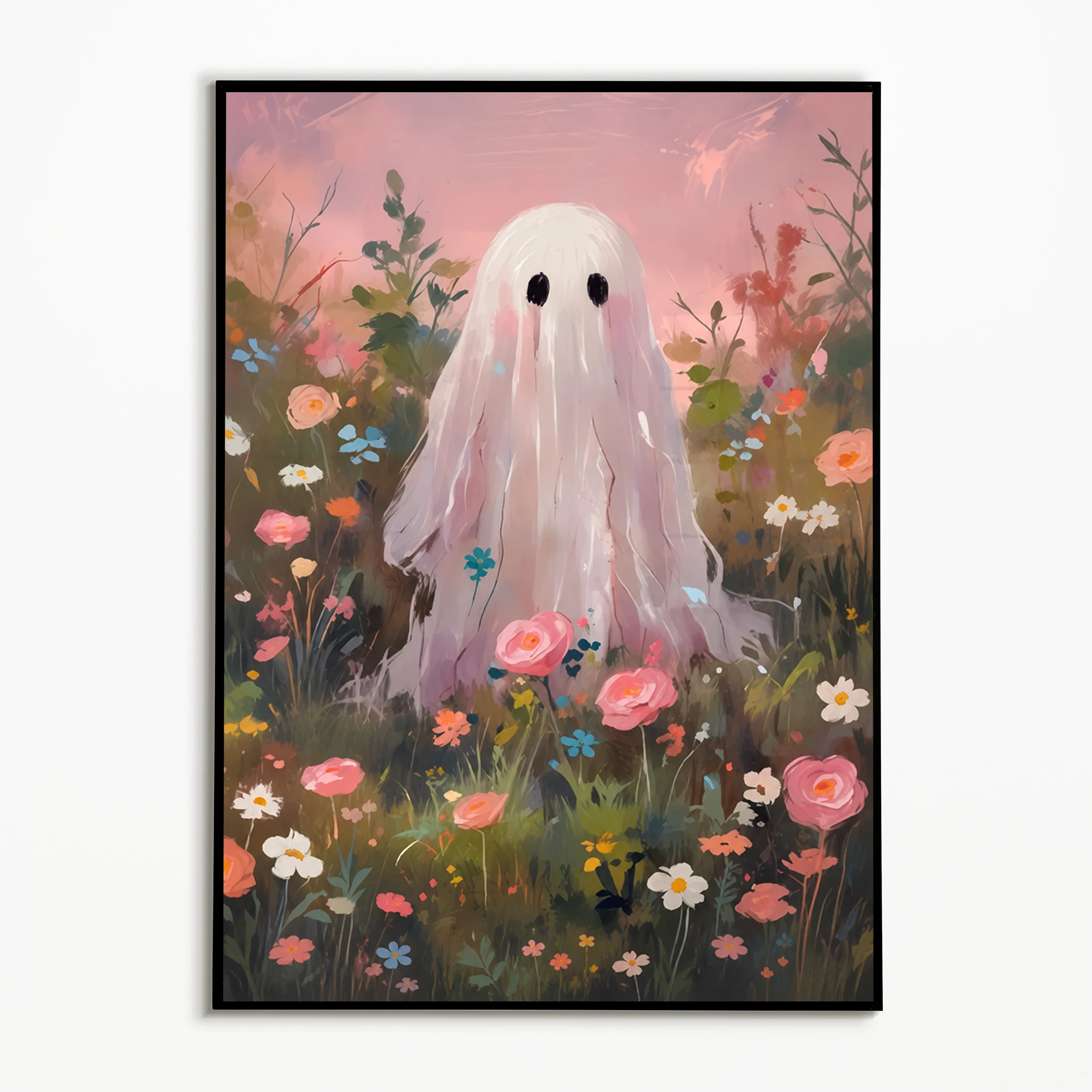 1PC  Halloween Pink Flower Bed Creepy Ghost Poster  Autumn Pink Rose Flower Wall Art  Frameless Canvas Printing Festival Gifts