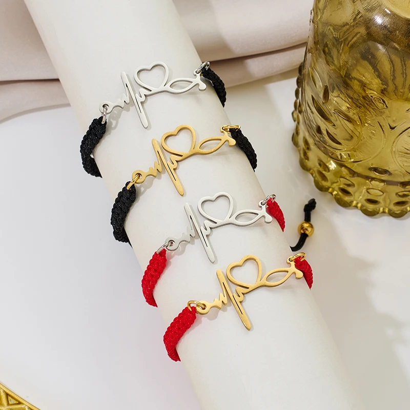 New Red Rope Lucky Weave Bracelet Women Hollow Love Heart Wristband Bangles Jewelry Girls Fashion Electrocardiogram Bracelets