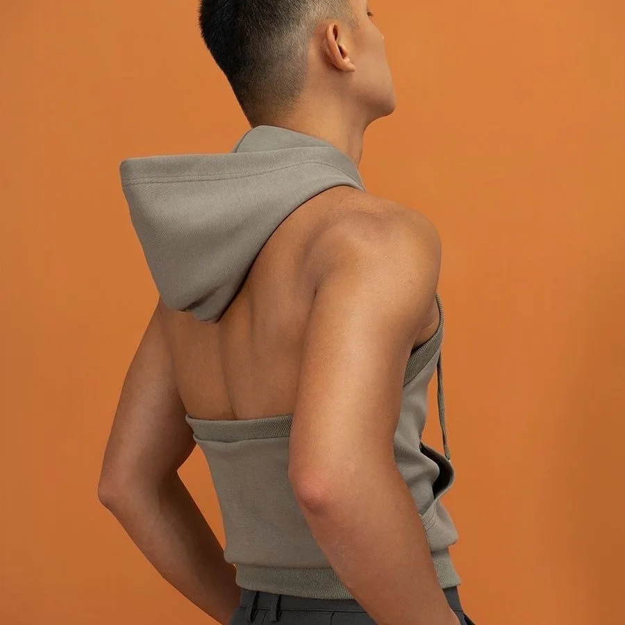 

High Elastic Sport Hooded Vest Men Backless Sleeveless Hoodie Sweatshirt Fashion Casual Zipper Placket Slim Fit Tank Tops