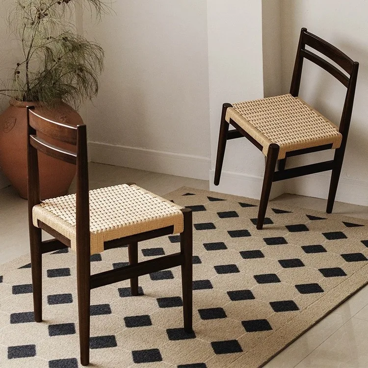 

Nordic solid wood rope dining chair household wabi-sabi wind book desk chair simple casual black log backrest retro chair