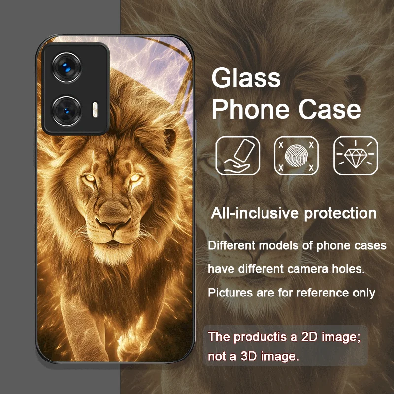 Luxurious Lion Pattern Tempered Glass Phone Case for Motorola Moto Edge 50 Fusion 40 Neo 30 Pro G85 G84 G75 G55 G54 Back Covers view 2