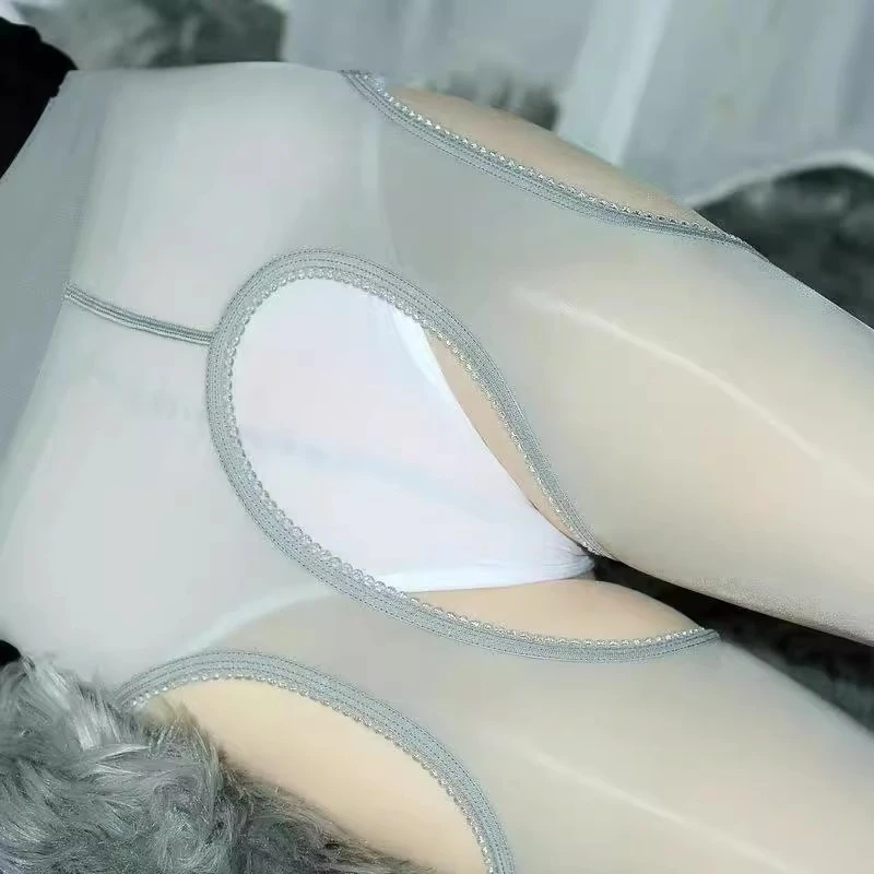 

M XL Plus Size 8D Oil Shiny Transparent Tights Women Sexy Four Side Lace Cut Open Crotch Pantyhose Anti Hook Party Hosiery
