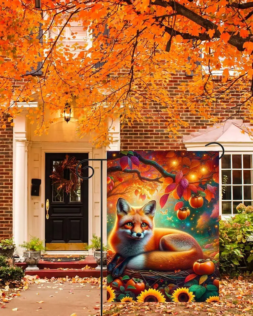 Cute Fox Animal Fall Autumn Harvest Fantasy Forest Fruit Sunflower Garden Flag 12x18 Inch Small Vertical Double Sided Season yyi