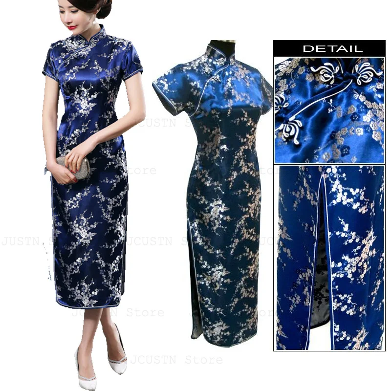 Navy Blue Flower Jacquard Cheongsam Long Vestidos Women Sexy Split Qipao Chinese Traditional Dresses Casual Streetwear Dress