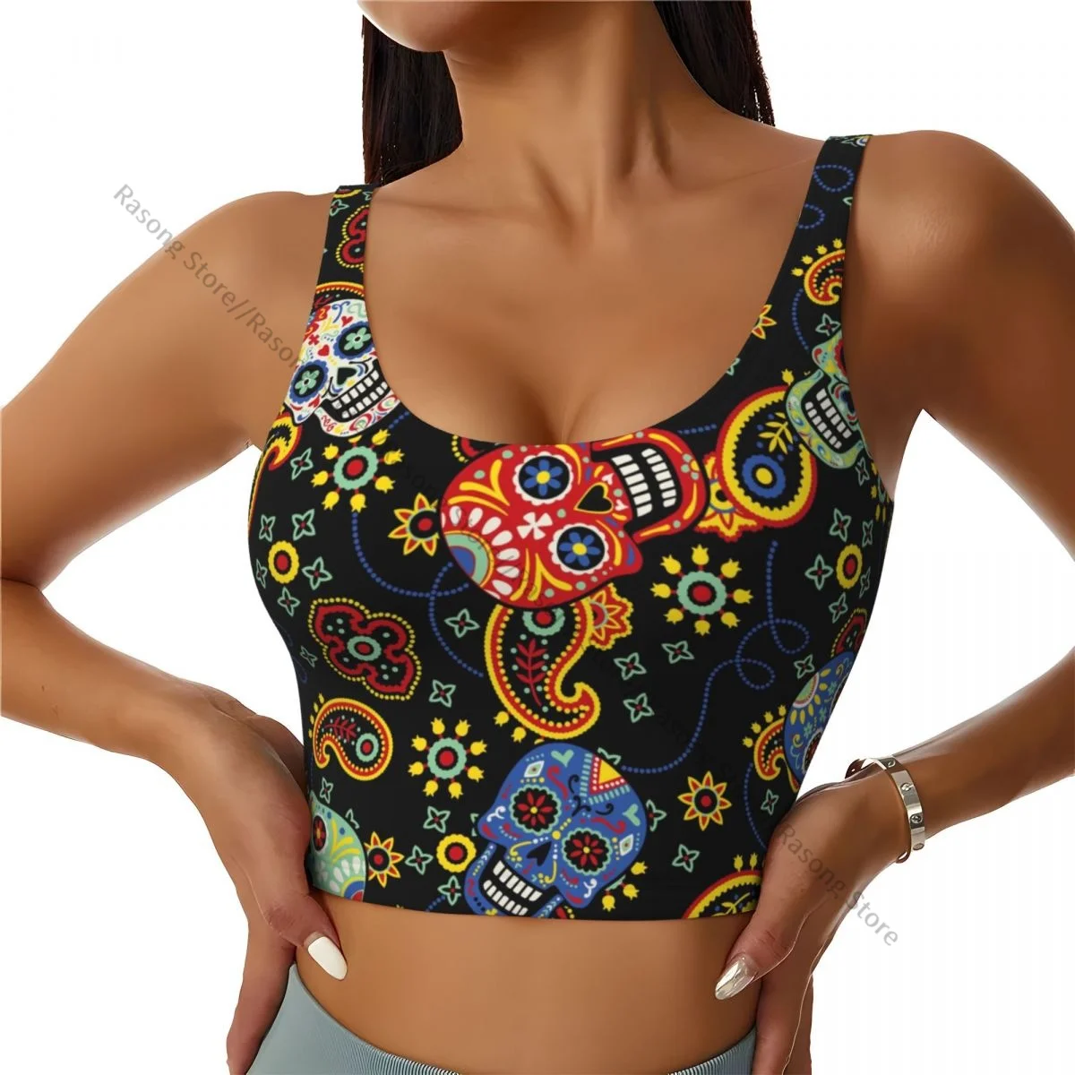 Yoga Vest Women Gym Sports Crop Tops Day Of The Dead Skulls With Bandana Paisley Streetwear Workout Breathable Tank Top Female