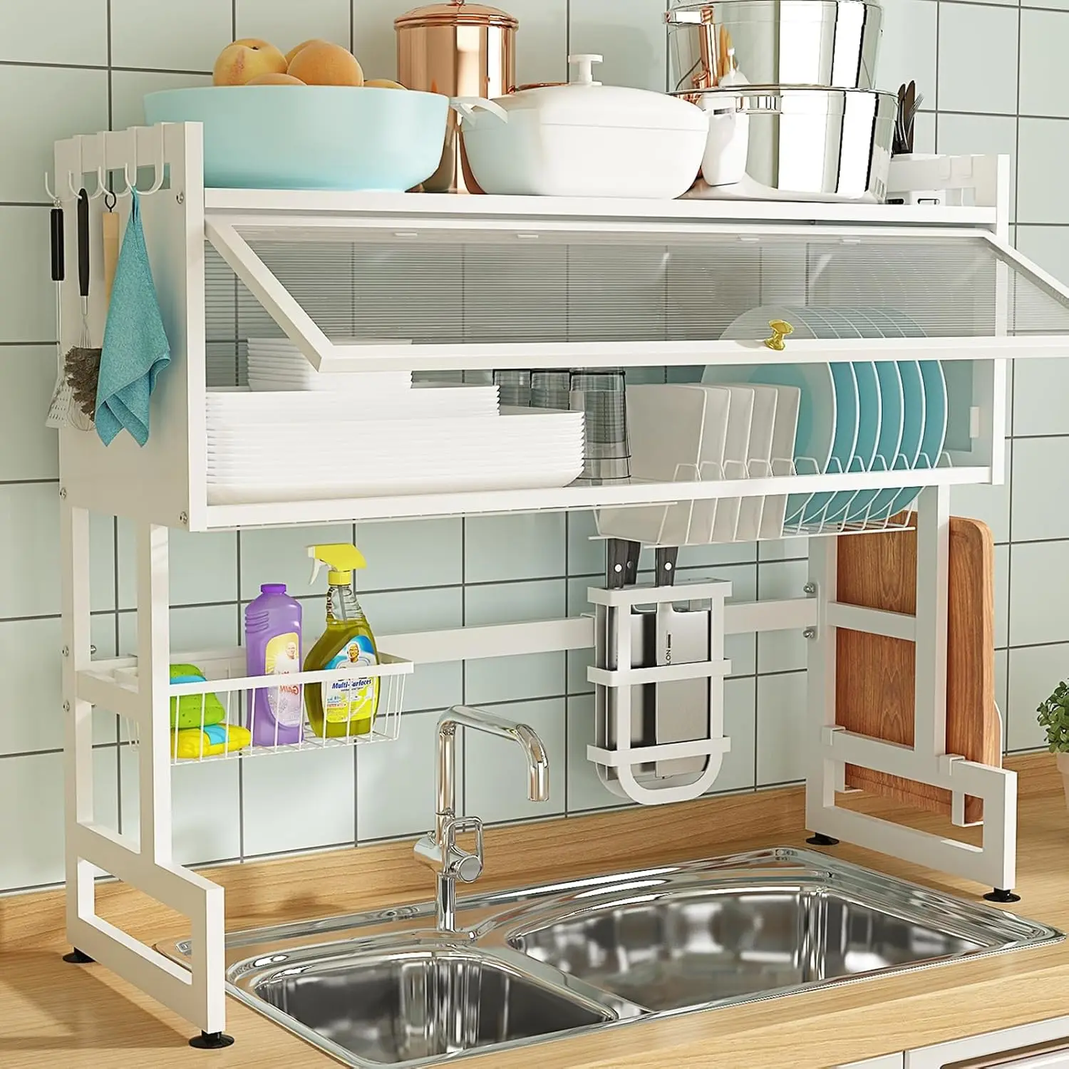 Dish Drying Rack, White Large Stainless Steel 2 Tier Dish Rack with Cover for Kitchen (White, Middle 33.46 Length)