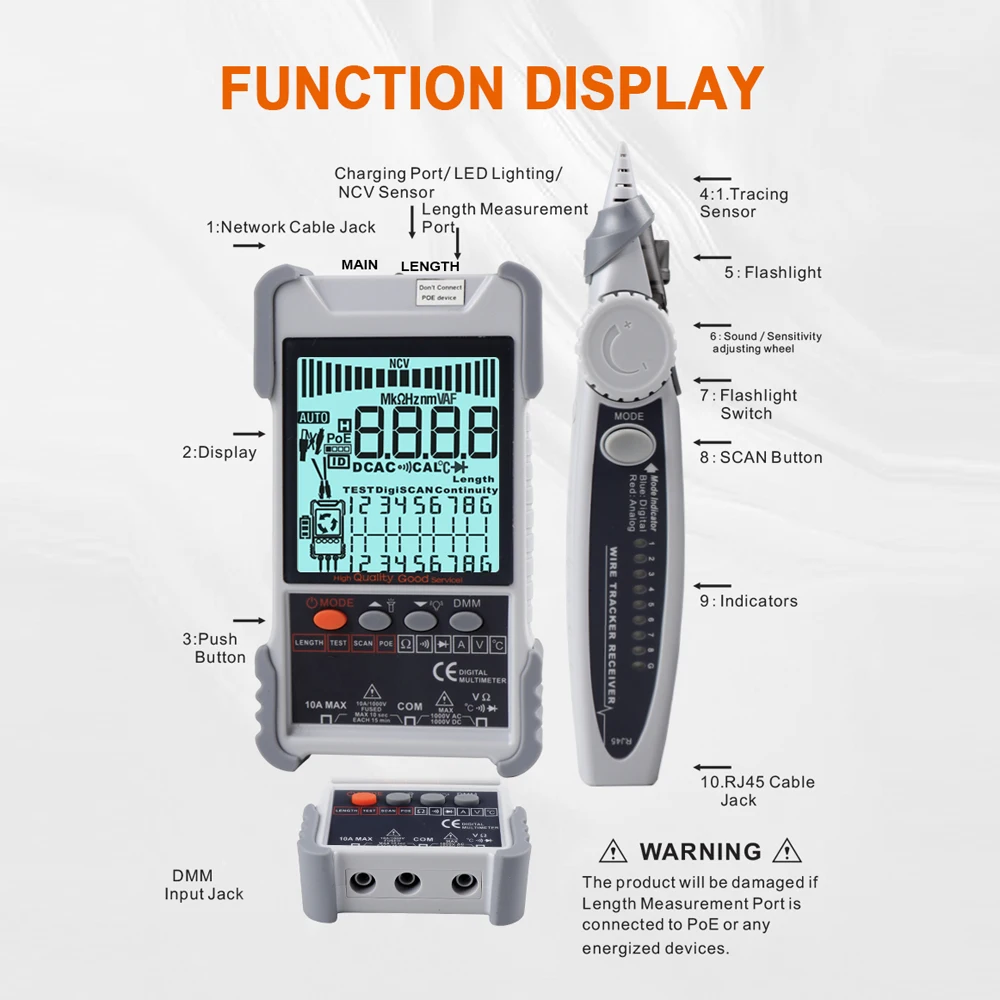 ET616 /ET618 Network Cable Tester Analogs Digital Search POE Test Cable Pairing Sensitivity Adjustable Network Cable Tester