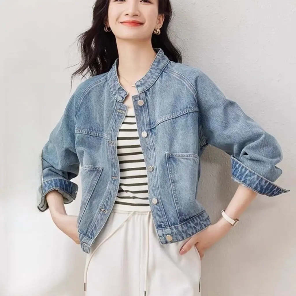 

New 2025 Retro Washed Denim Short Tops for Women Stand Collar Long Sleeve Autumn Winter Fashion Top
