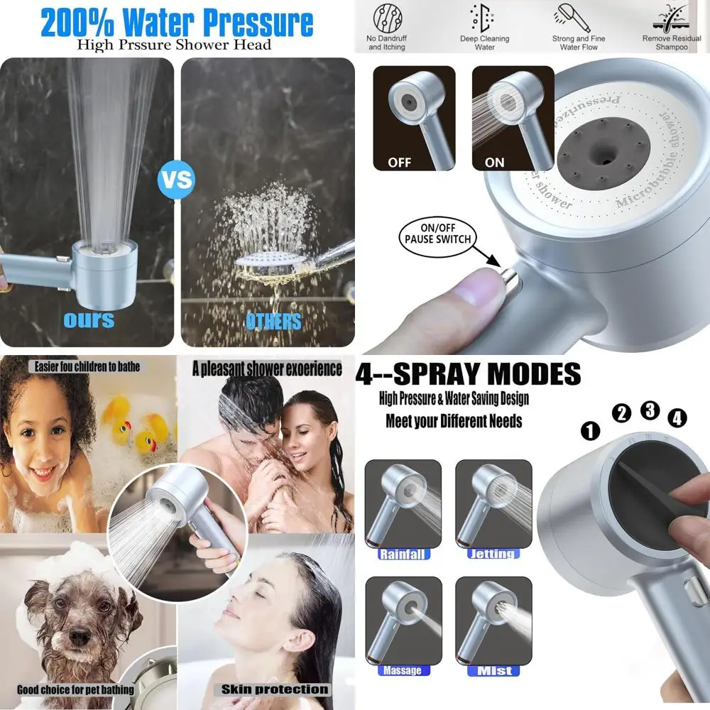 

Blue 4-Mode High-Pressure Shower Head with Handheld, Pause Switch, Water-Saving, Set with Hose and Filter