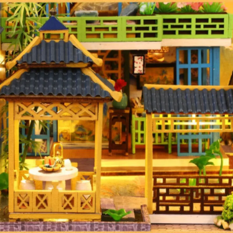 جديد لتقوم بها بنفسك دمية خشبية مع الأثاث ضوء كازا المنزل النمط الصيني فيلا نموذج مصغرة بيت الدمية عدة اللعب هدايا عيد الميلاد #3