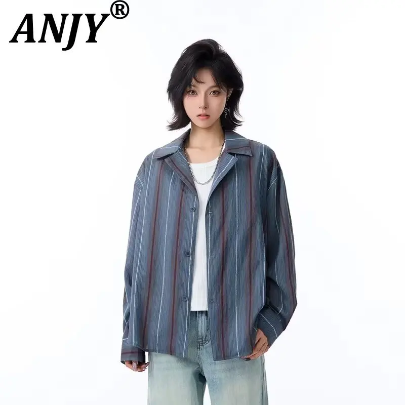 

ANJY Spring Autumn New Women Fashion Striped Contrast Color Long Sleeve Shirt Trendy Stylish Breathable Ins Casual Blouse A21457