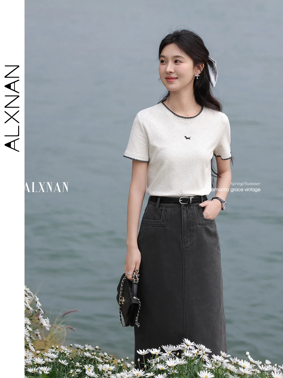 ALXNAN المرأة تي شيرت الصيف فضفاضة تناسب تي شيرتات قصيرة الاكمام أوف وايت الجولة الرقبة عادية أنيقة مكتب السيدات L55015 L55132