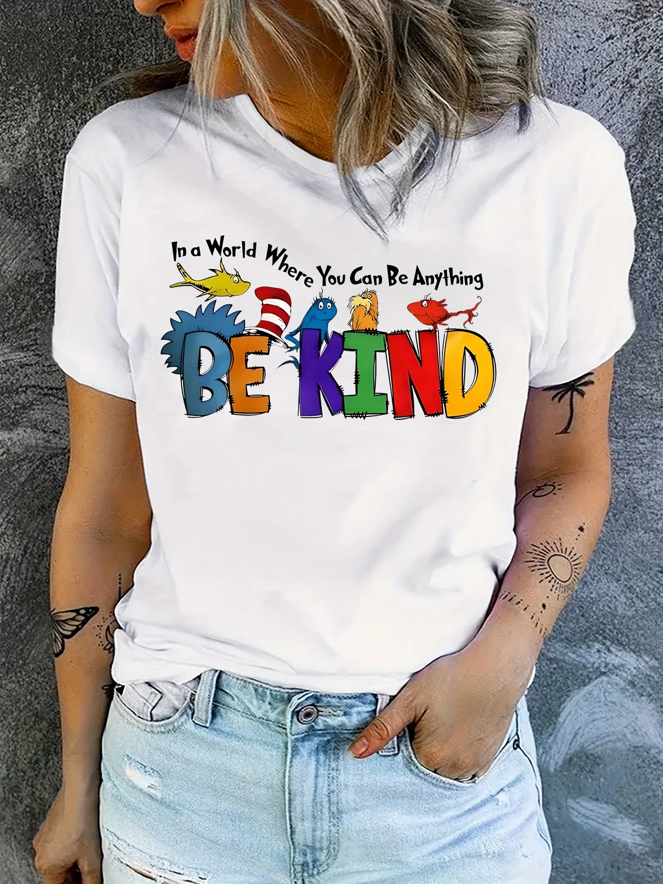 

BE KIND Print Crew Neck Tees Casual Short Sleeve T-Shirt For Spring Summer Women's Clothing