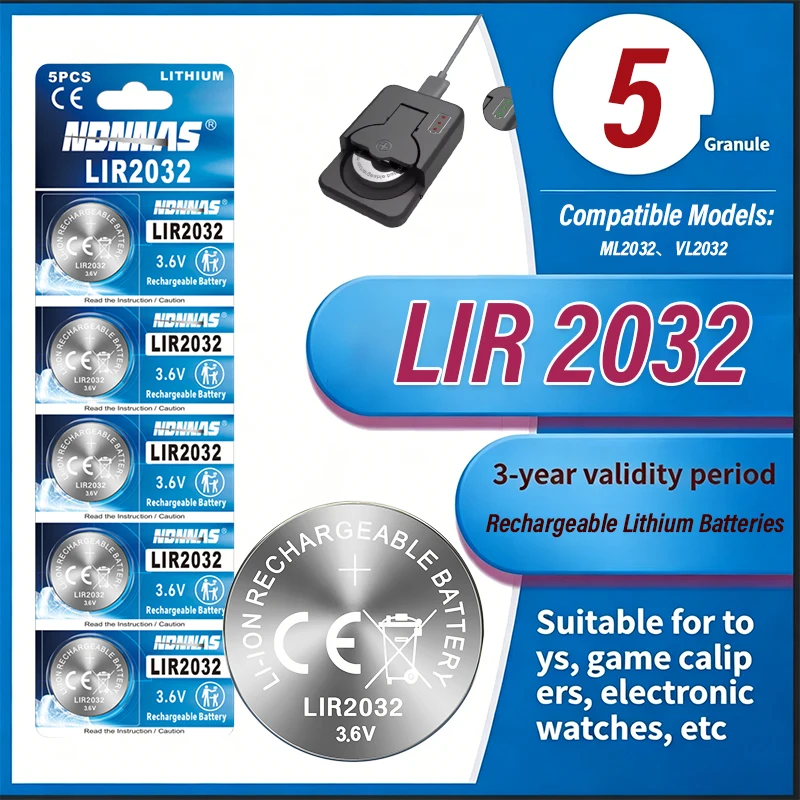 LIR2032 3.6V 70mAh Rechargeable Lithium Coin Battery Reusable Cell Pilas CR2032 ML2032 VL2032 For Watch Car Key Remote Control