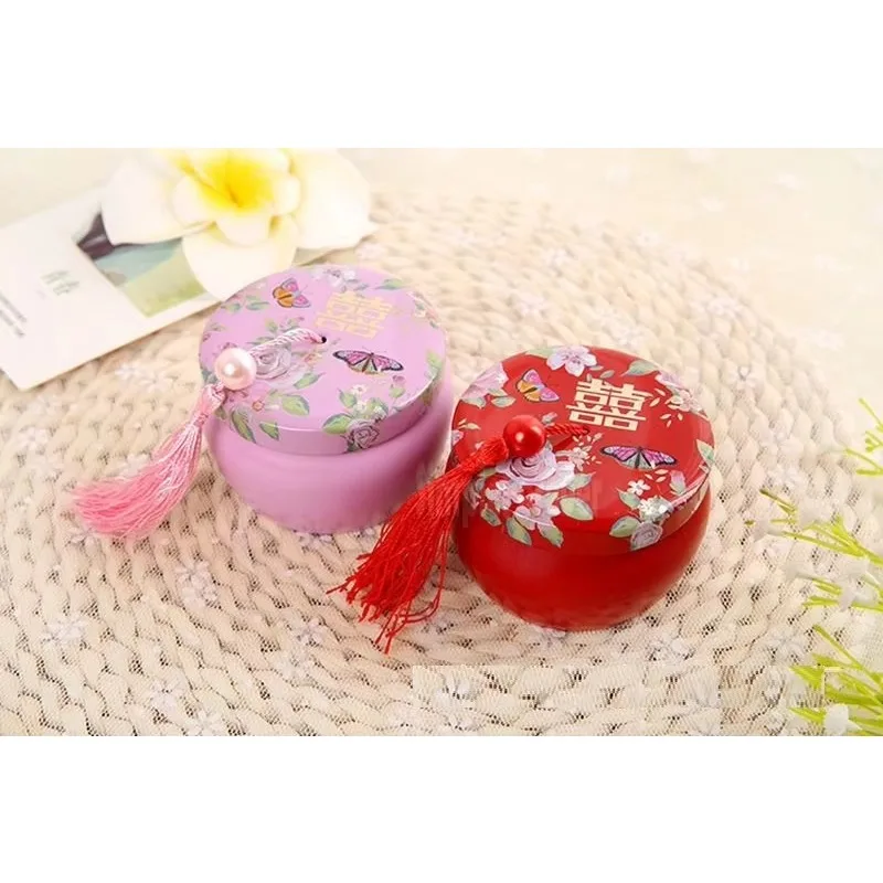 

50pcs Chinese Traditional Double Happiness Chocolate Tassel Tin Boxes Drum Shaped Wedding Candy Box