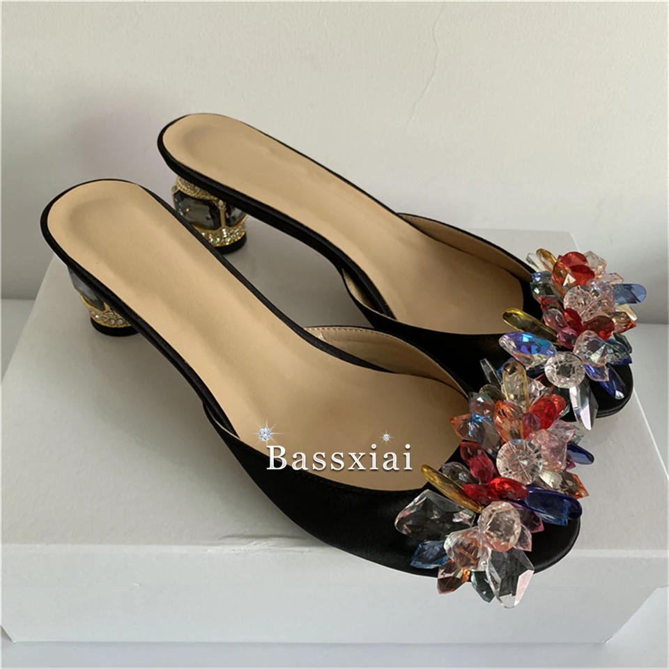 Crystal Beads Flower Decor Party Shoes Woman 6cm Diamond Heels Sexy Open Toe Black Satin Slingbacks Sandals Women Summer