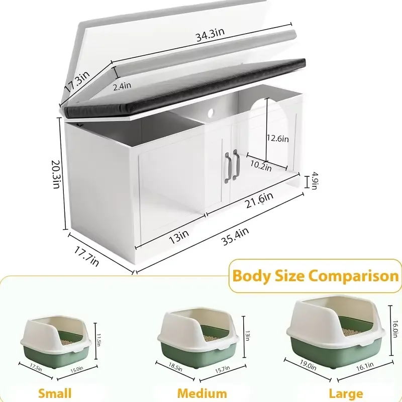 Modern Cat Box, Box Furniture with Removable Padded Seat Cushion, Cat Washroom Bench with Storage Cabinet