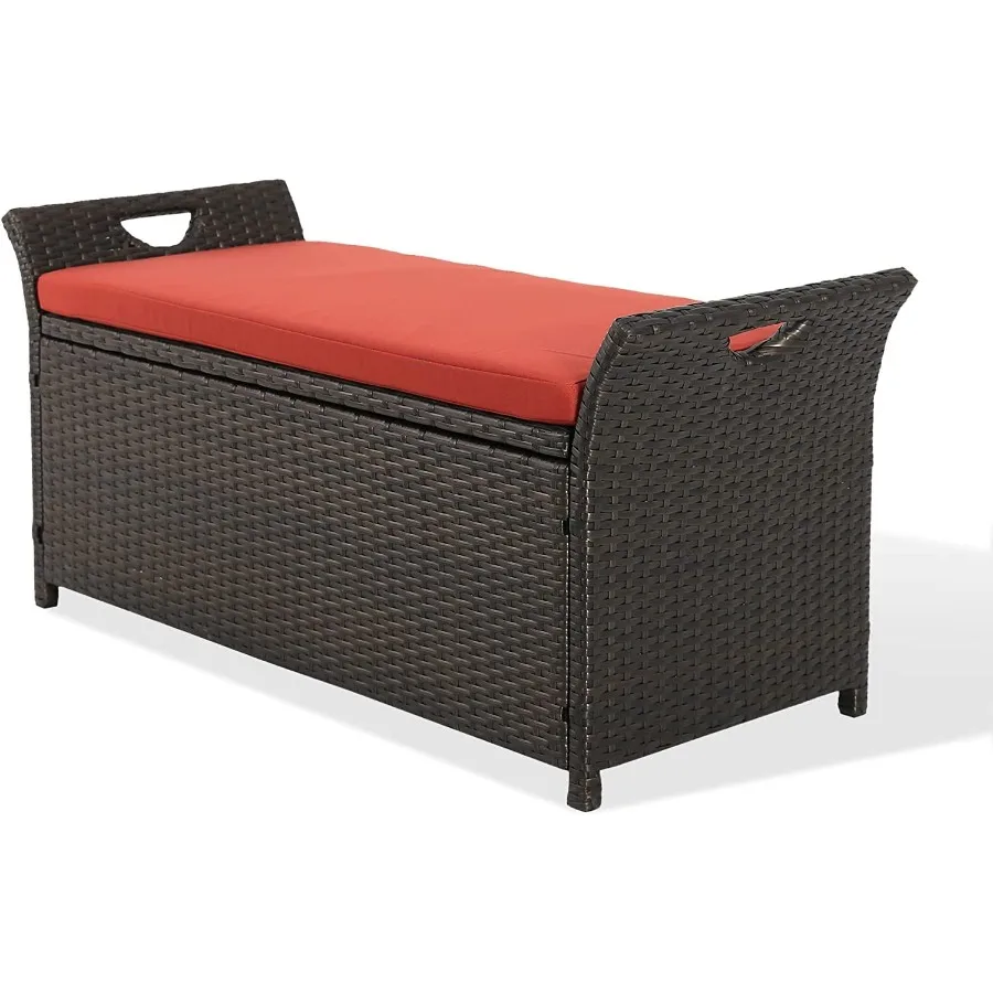 

Patio Wicker Storage Bench Outdoor Rattan Deck Storage Box with Cushion