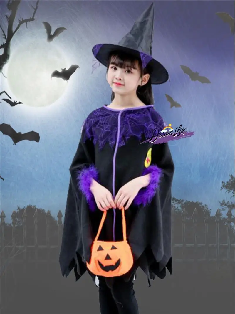 Halloween Kinderkostuum Meisjes Heksenjas Cosplay Heksenkleding Tovenaar Rollenspel Kleding Fem Peuter Dr