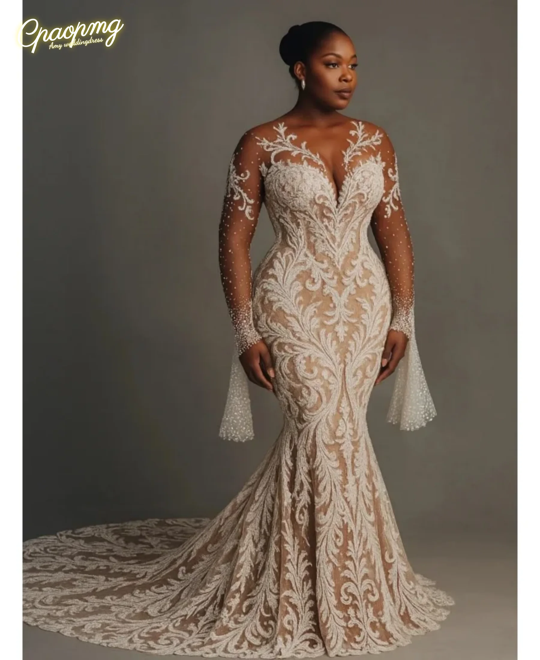 

Индивидуальное африканское сексуальное и элегантное свадебное платье русалки с глубоким v-образным вырезом и длинными рукавами, жемчужной вышивкой и стразами