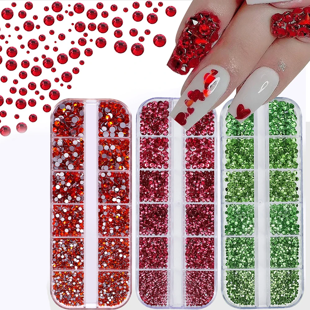 12 Grids SS4-SS16 Mixed Crystal Nail Rhinestones Non-Hotfix Red/Pink/Clear/Green Flatback Nail Diamond Gems DIY Glitter Stones