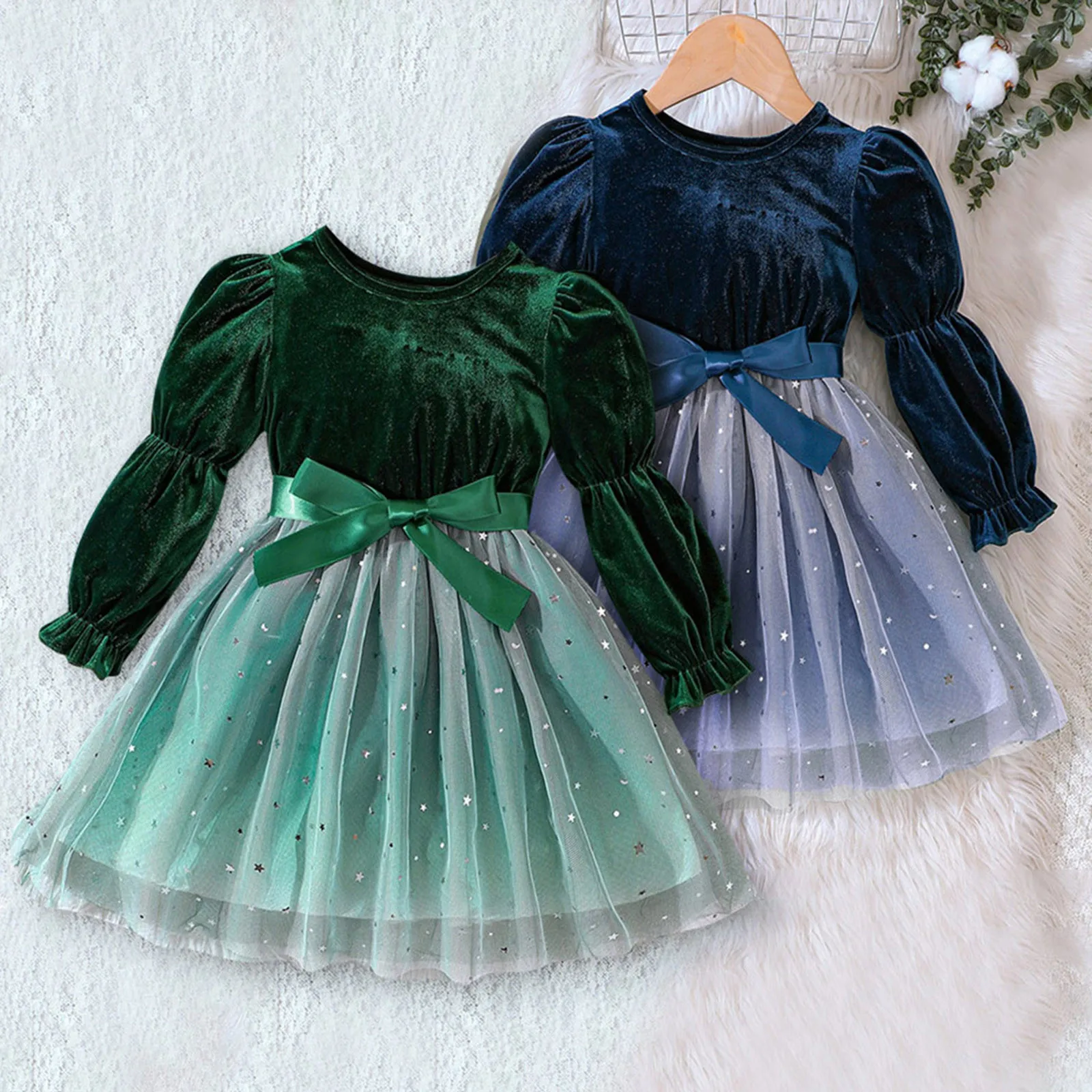 Toddler Girls Winter Dresses Puffly Sleeve Velvet Dress Mesh Patchwork Princess Party Birthday Dress For Girls 3-7Y Kids Clothes