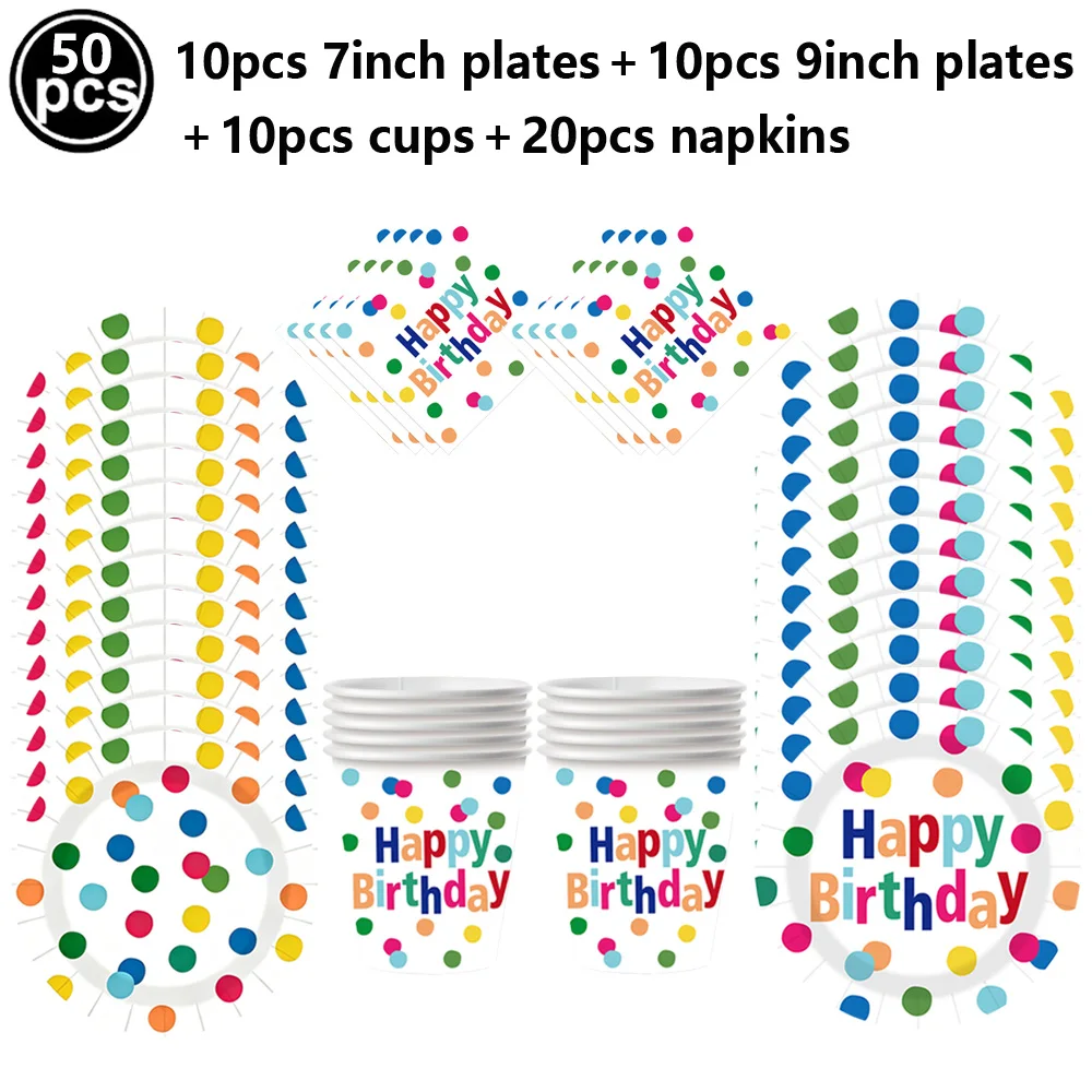 Happy Birthday Disposable Tableware Colorful Polka Dot Paint Paper Plates Napkins Cups Art Painting Theme Birthday Party Supplie