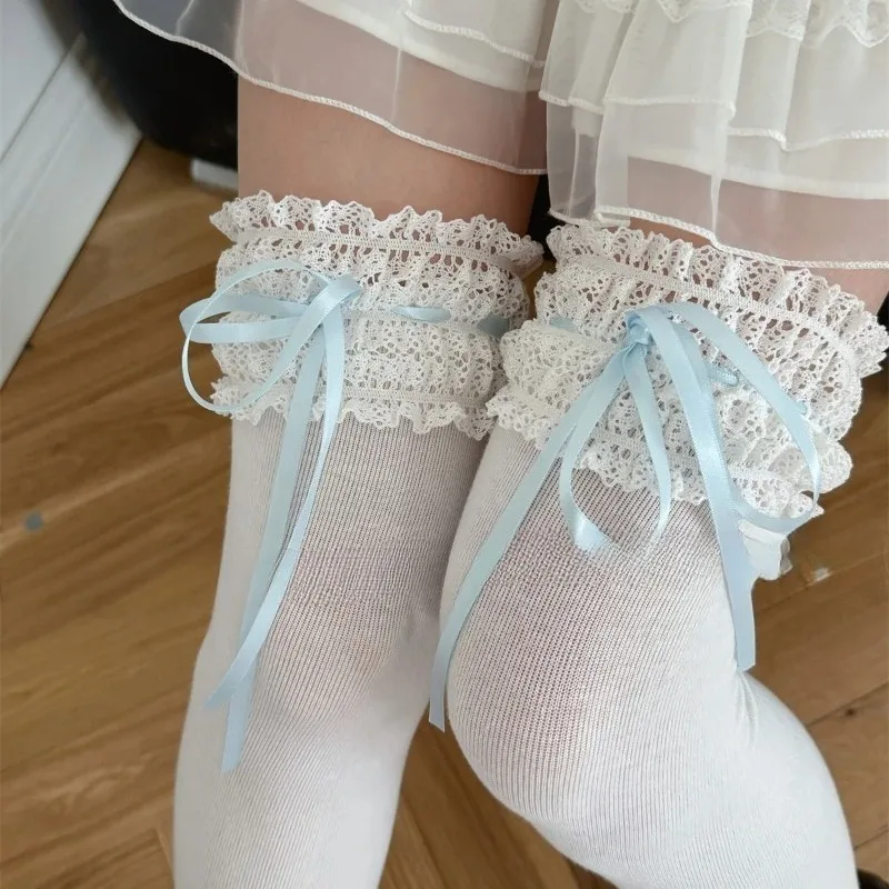 

Autumn Handmade Ribbon Bow Lace Cotton Socks Lolita Girls High Tube Cute Women's Socks Over Knee Breathable Sweet Socks