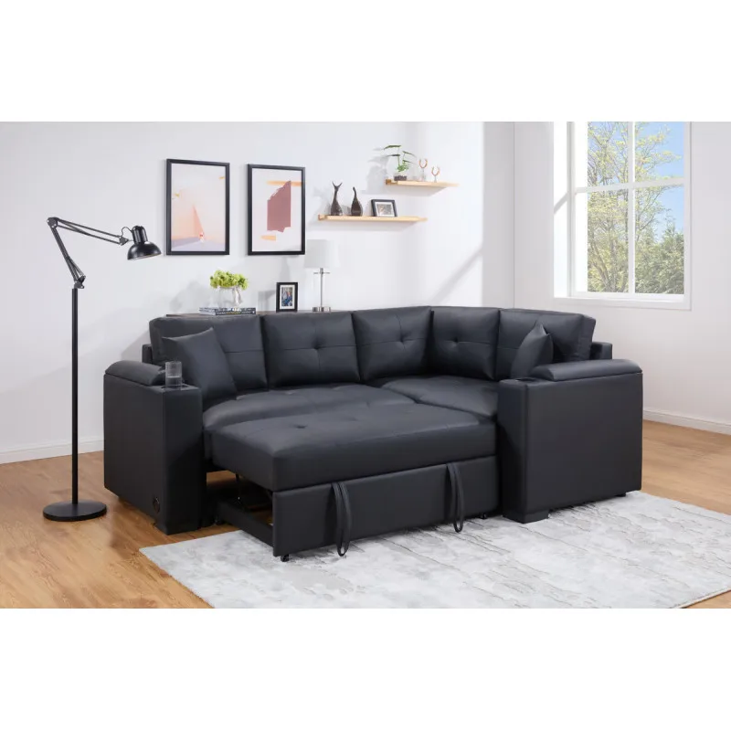 

Donovan 84.5W Black PVC Fabric Sleeper Sectional with USB Charger, Cupholders, Storage Arms