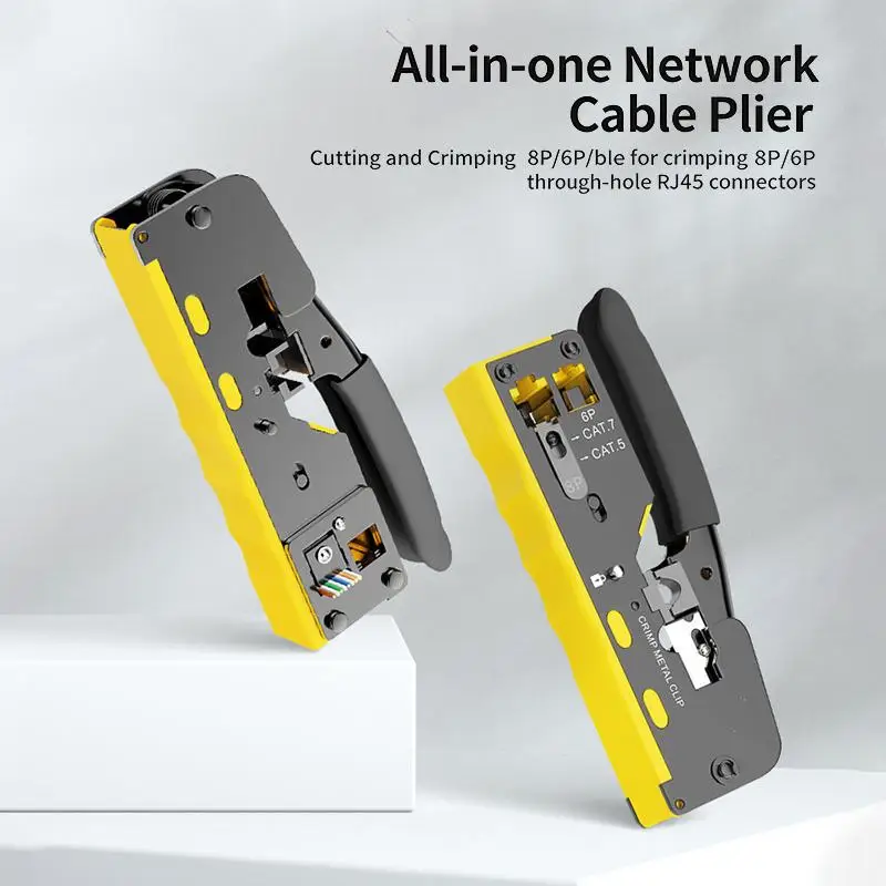 Pass Through Crimp Plier Cat7 Cat6 Cat6A Cat5 Cat5e Stripping Crimping Tool With 8P/6P Ethernet Connectors
