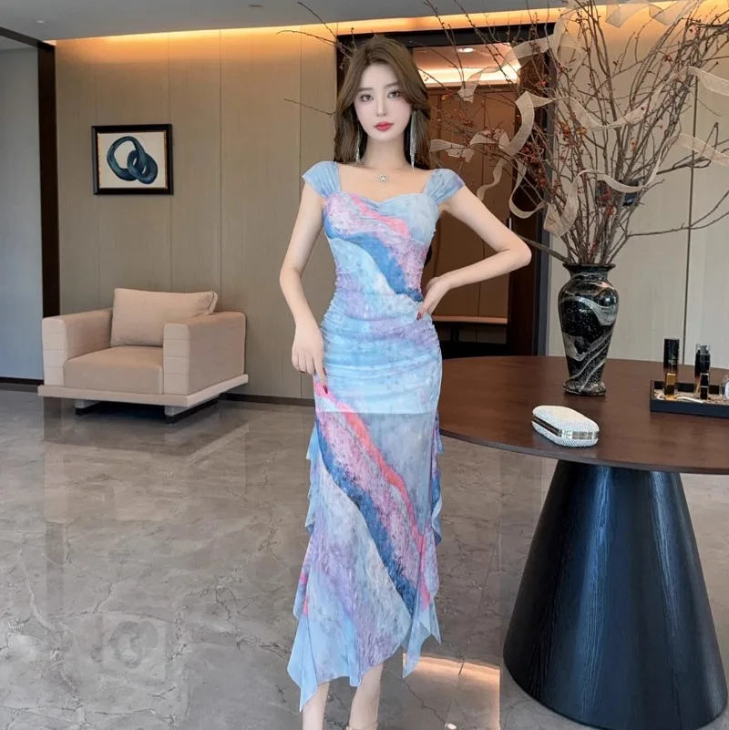 Topenomi Women Sexy Mesh Printed Irregular Ruffle Dresses Women French Elegant Sleeveless High Waist Slim Long Party Dress Robe