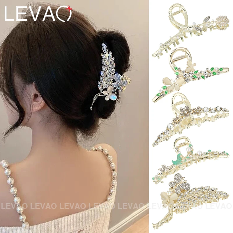 Elegant Rhinestone Flower Alloy Hair Clip Luxury Inlaid Pearl Hair Grab Metal Shark Clip Barrette Girls Women\'s Hair Accessories