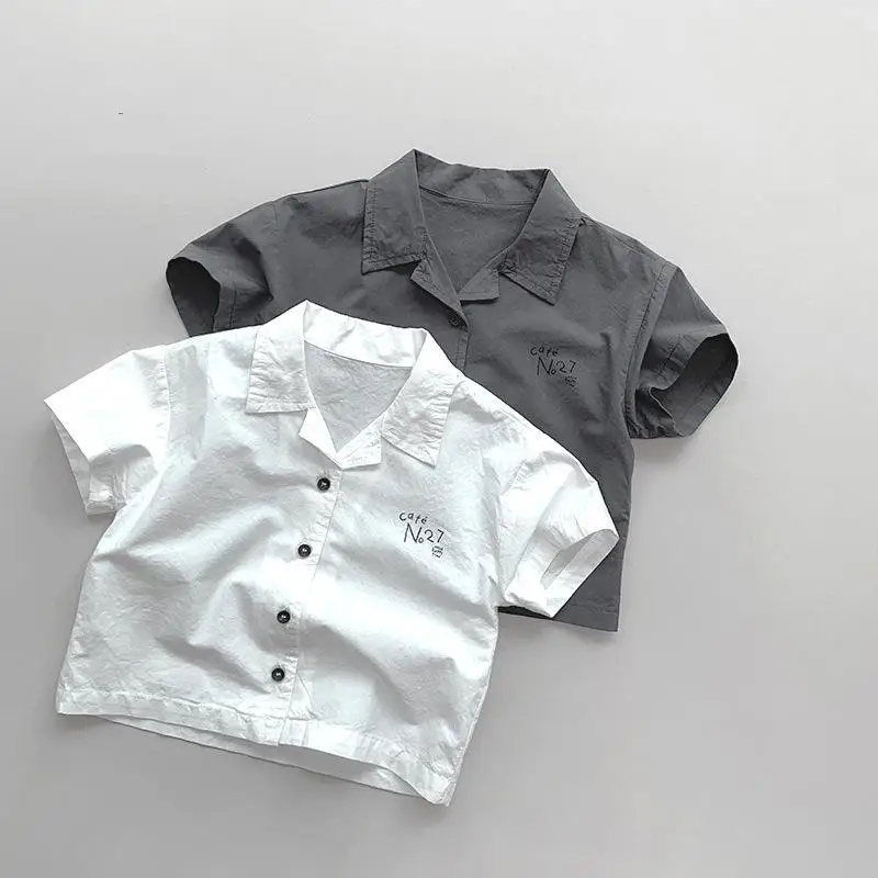 

Children Short Sleeve Shirts 2025 Summer New Boys Thin Cotton Lapel Shirts Toddler Girls Letter Print Casual Tops Kids Clothes