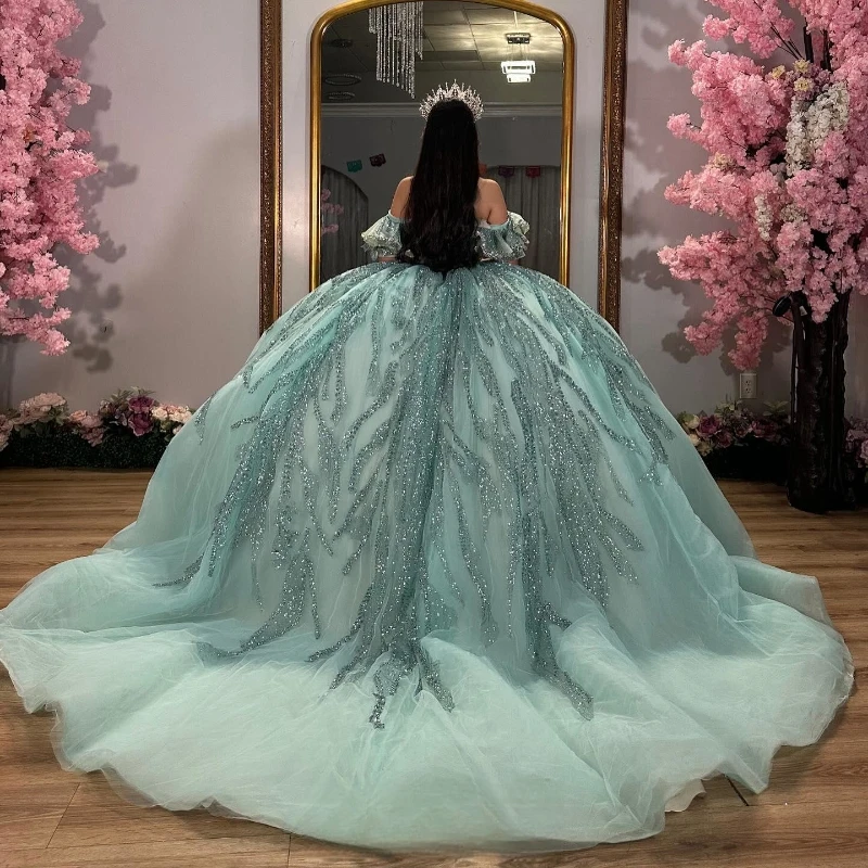 Luxury Turquoise Ball Gown Sweet 16 Year Quinceanera Dresses Off The Shoulder Lace Beads Crystal Tull Brithday Party Dress Vesti