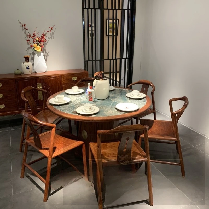New Chinese style, red sandalwood emerald Pandora light luxury round dining table and chair villa