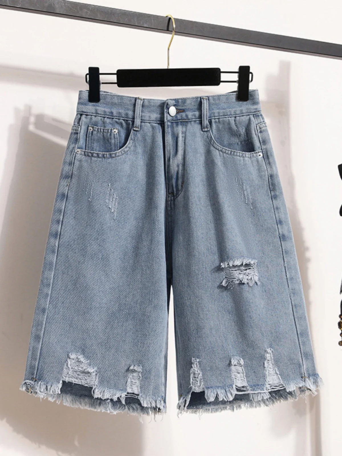 

Large Size Denim Shorts Women Summer Trendy High Waist Hole Straight Raw Edge Short Jeans Casual Ladies Shorts Streetwear