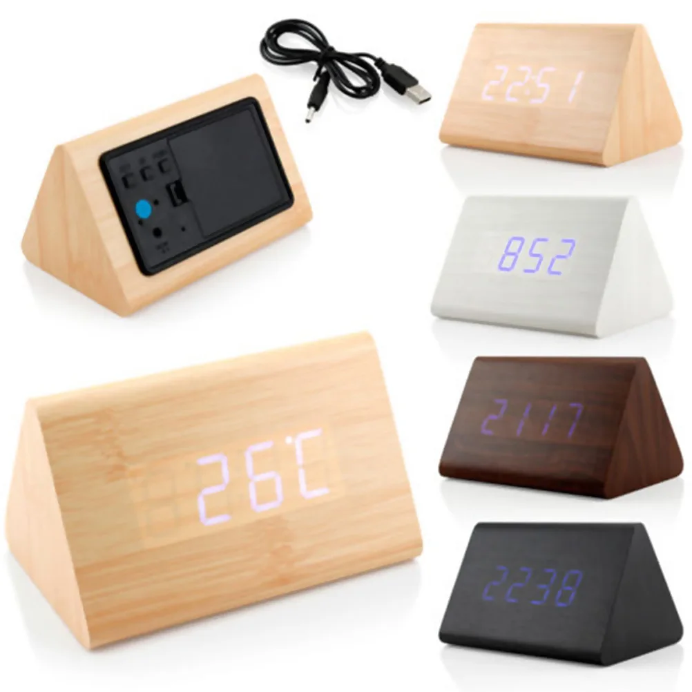 Led Wooden Alarm Clock With Sound Control Large Display Temperature Snooze Function Desktop Clock For Home Decor Modern Room