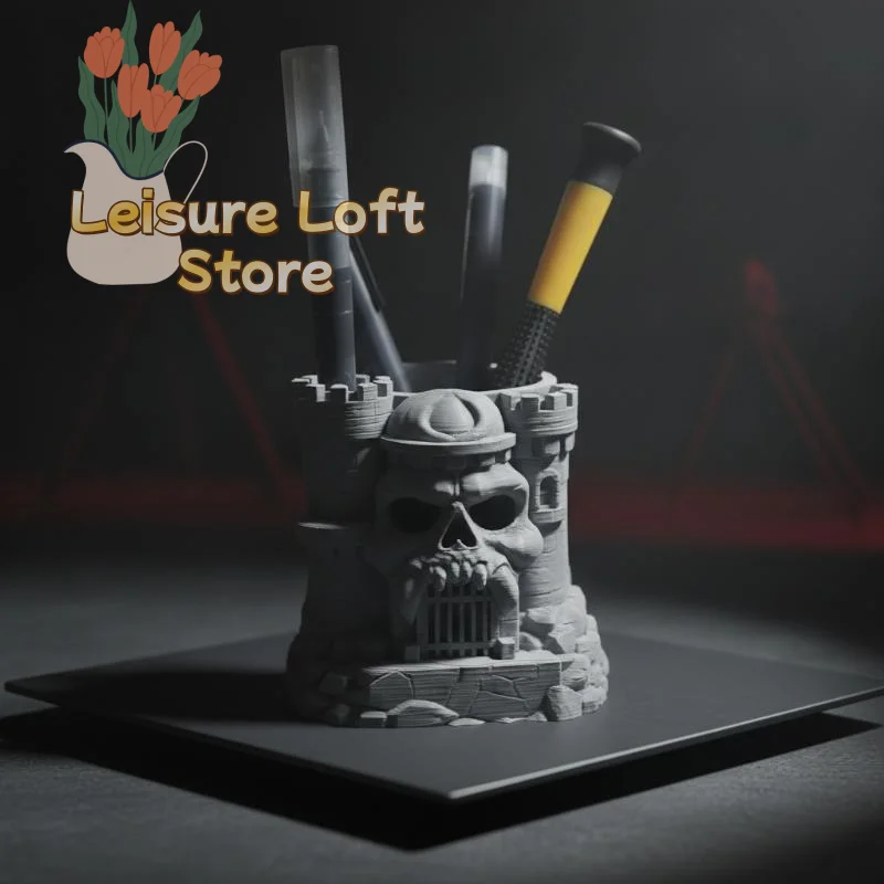 Creative Gothic Skull Castle Pen Holder Multi-functional Skeleton Brush Organizer Rack for Office Vanity Desk Decor