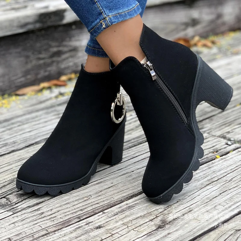 Woman Ankle Boots Spring Autumn Pointed Toe Low Heel Single Boots Black Heeled Suede Thick Heel Black Short Boots Big Size 42