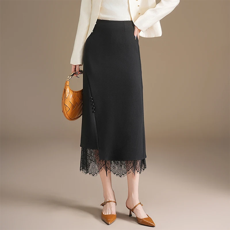 

High Waist Lace Patchwork Asymmetrical Slit One-Step Skirt Women's Faion Autumn New Sle Slimming Midi Straight Leg Skirt