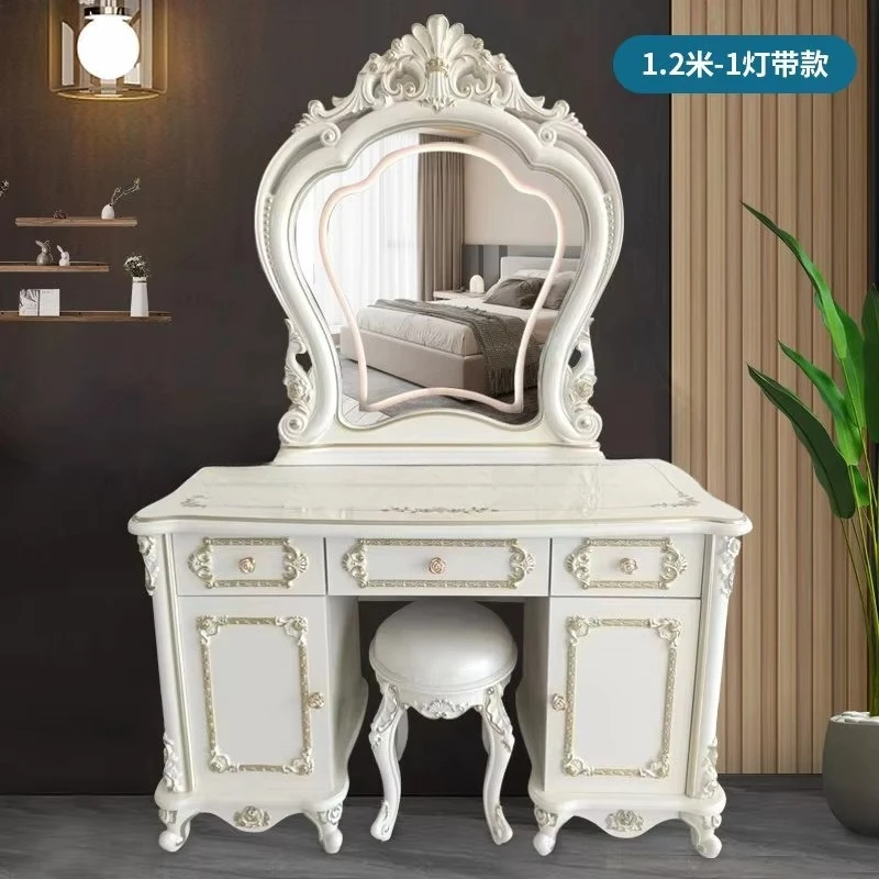 Ivory White Solid Wood Dressing Table with Lamp, European Mini Makeup Desk for Small Apartment Bedroom