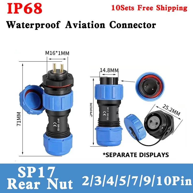 

SP17 Rear Nut Type Waterproof Aviation Connectors IP68 2/3/4/5/7/9/10Pin Cable Connectors Male/Female Plug&Socket Panle mount