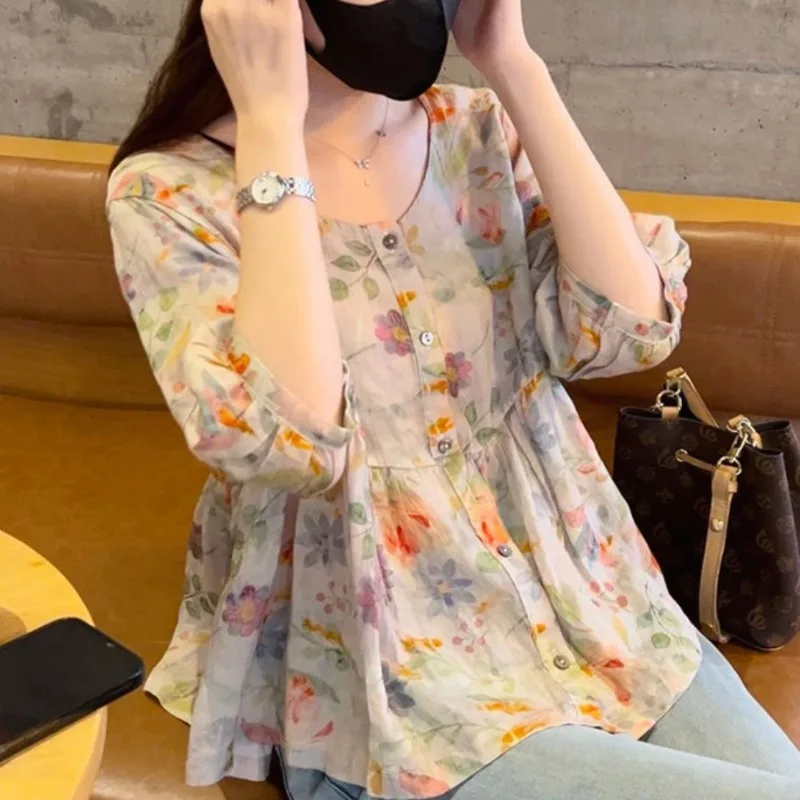 Floral Shirts for Women O-neck Single Breasted Elegant Female Summer Half Sleeve Chic Loose Thin Printed Tops Vintage Simple