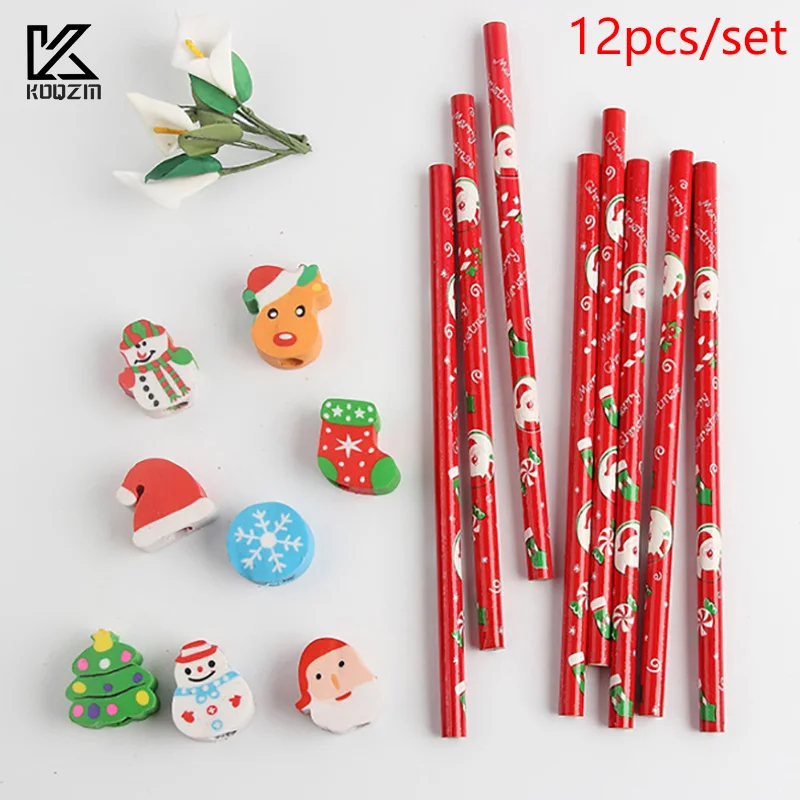 12pcs Christmas Theme Pencils Merry Christmas Pencils Eraser Topper Pencils Christmas Party Favor Wooden Xmas Pencils Random