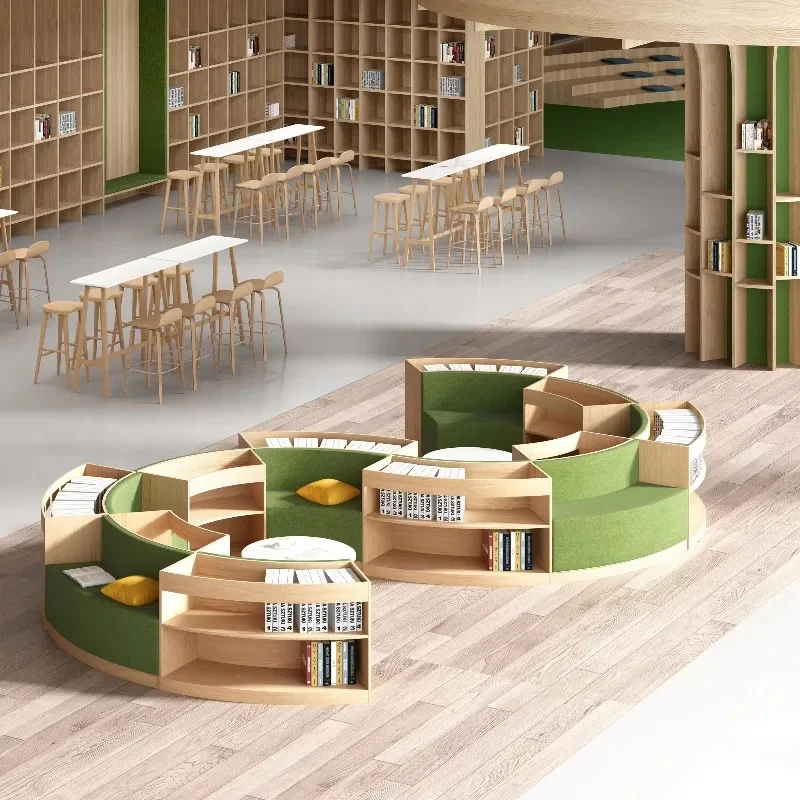 Book storage function S-shaped combination sofa Public library School furniture Solid wood sofa set
