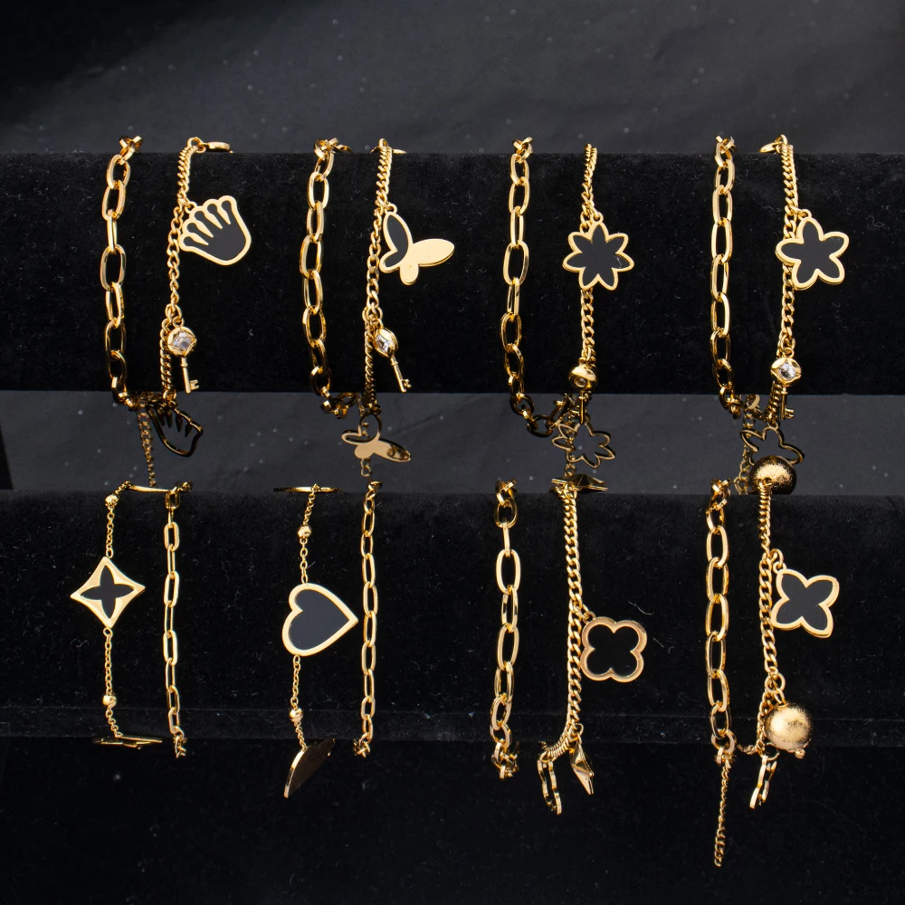 Charm-Armband Dubai Vergoldeter Edelstahl Schwarze Emaille Ineinandergreifende Kette Stern-Motiv Glücksbringer Schmuck-Accessoires 5-teiliges Set – Detail 3