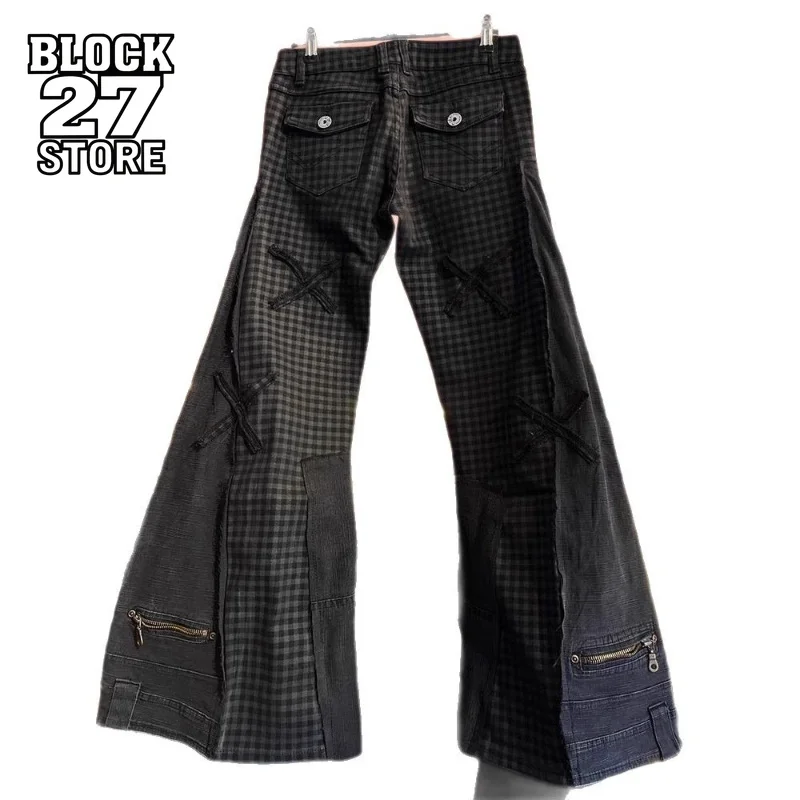 

Mens Jeans Y2K Dark Plaid Patchwork Flared Denim Pants Harajuku Unisex Loose Fit Vintage Streetwear Casual Fashion Trend Arrival