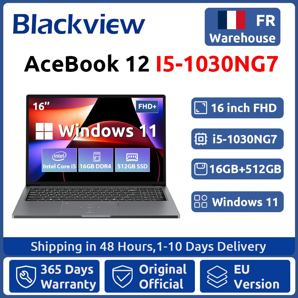 Laptop Blackview AceBook 12 z Windows 11, 16'' FHD IPS, Intel I5-1030NG7, 16GB RAM, 512GB SSD, 2-w-1, czytnik linii papilarnych, przycisk zasilania.