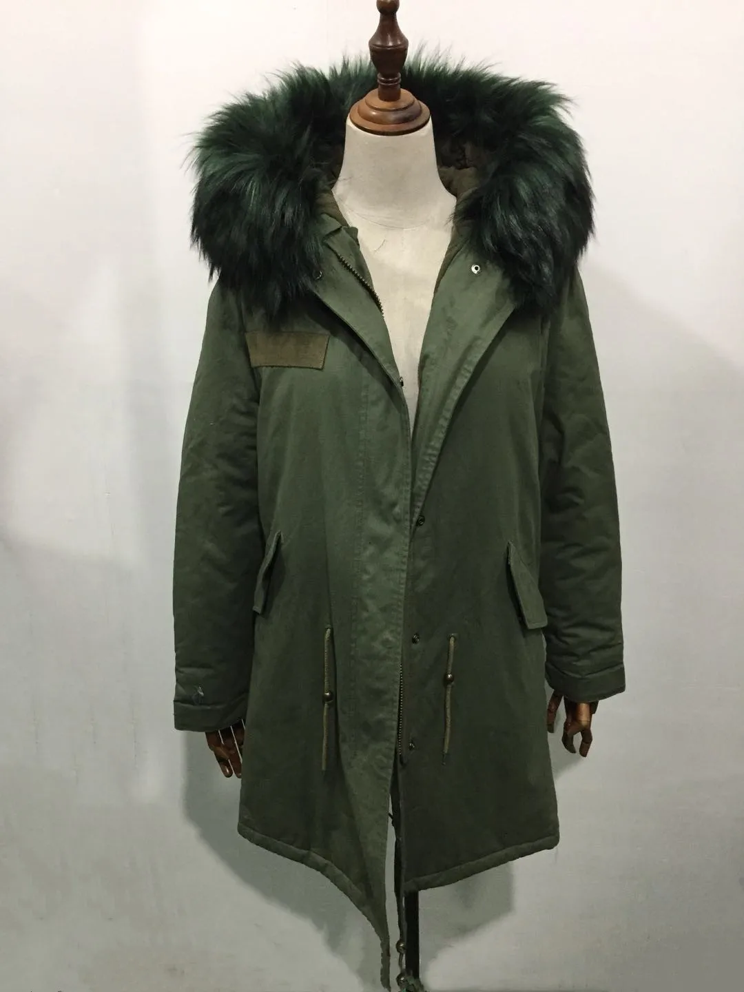 Fashionable All Green Long Parka Plaid Cotton Lining Winter Women&Men Coat Big Faux Fur Collar Jacket