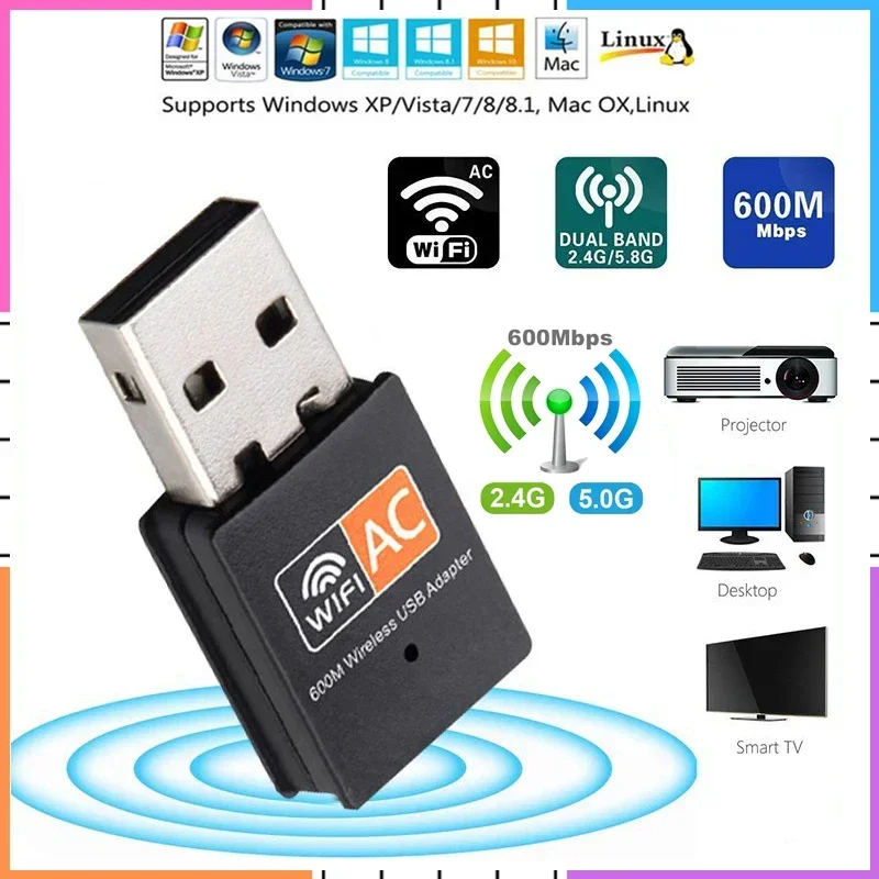

Wi-Fi адаптер 600 Мбит/с, двухдиапазонный 2.4G/5G Гц, миниатюрный беспроводной Wi-Fi донгл-приемник для настольных ПК и ноутбуков